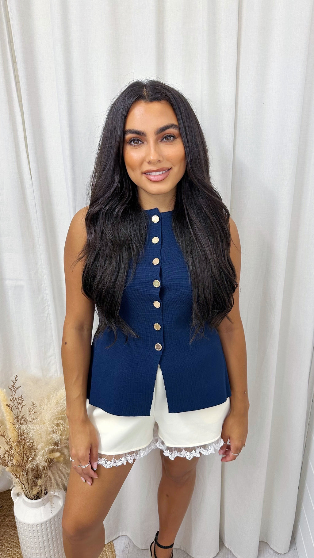 Gold Button Fine Knit Waistcoat - NAVY