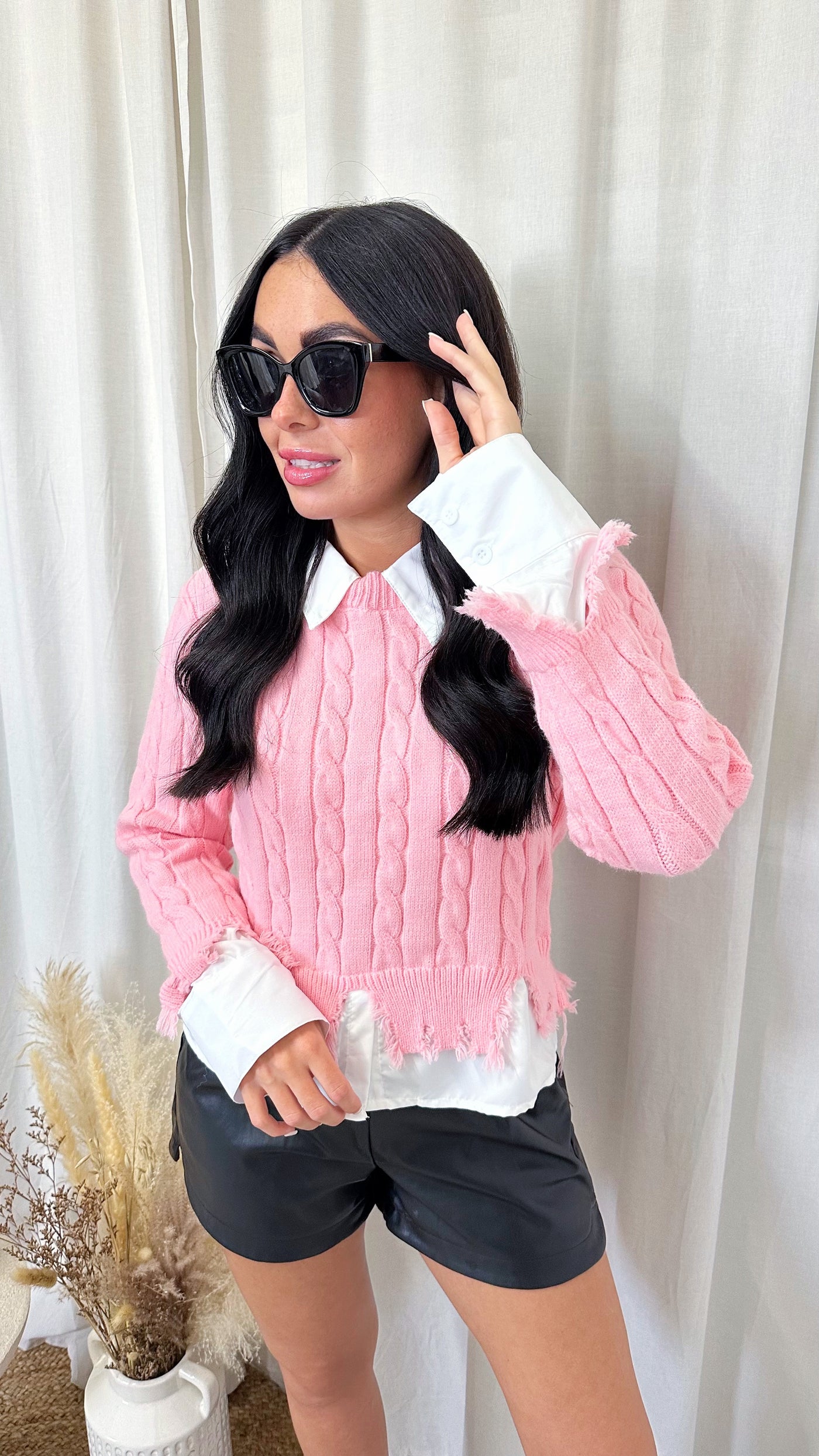 Cable Knit Shirt Insert Jumper - PINK