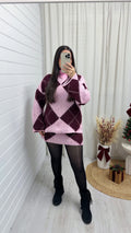 Argyle Woollen Jumper and Skirt Co-Ord - PINK/BURGUNDY