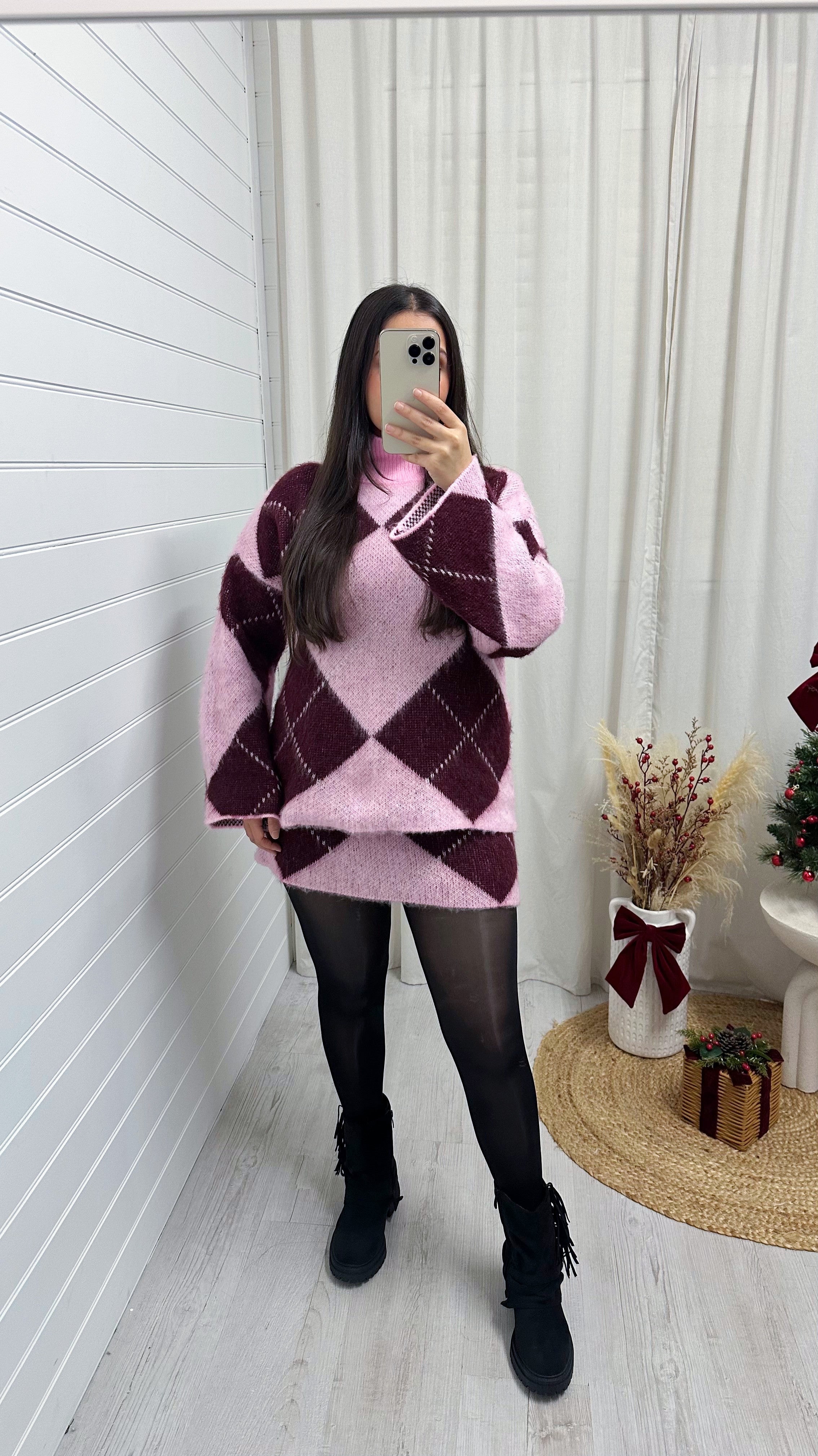 Argyle Woollen Jumper and Skirt Co-Ord - PINK/BURGUNDY