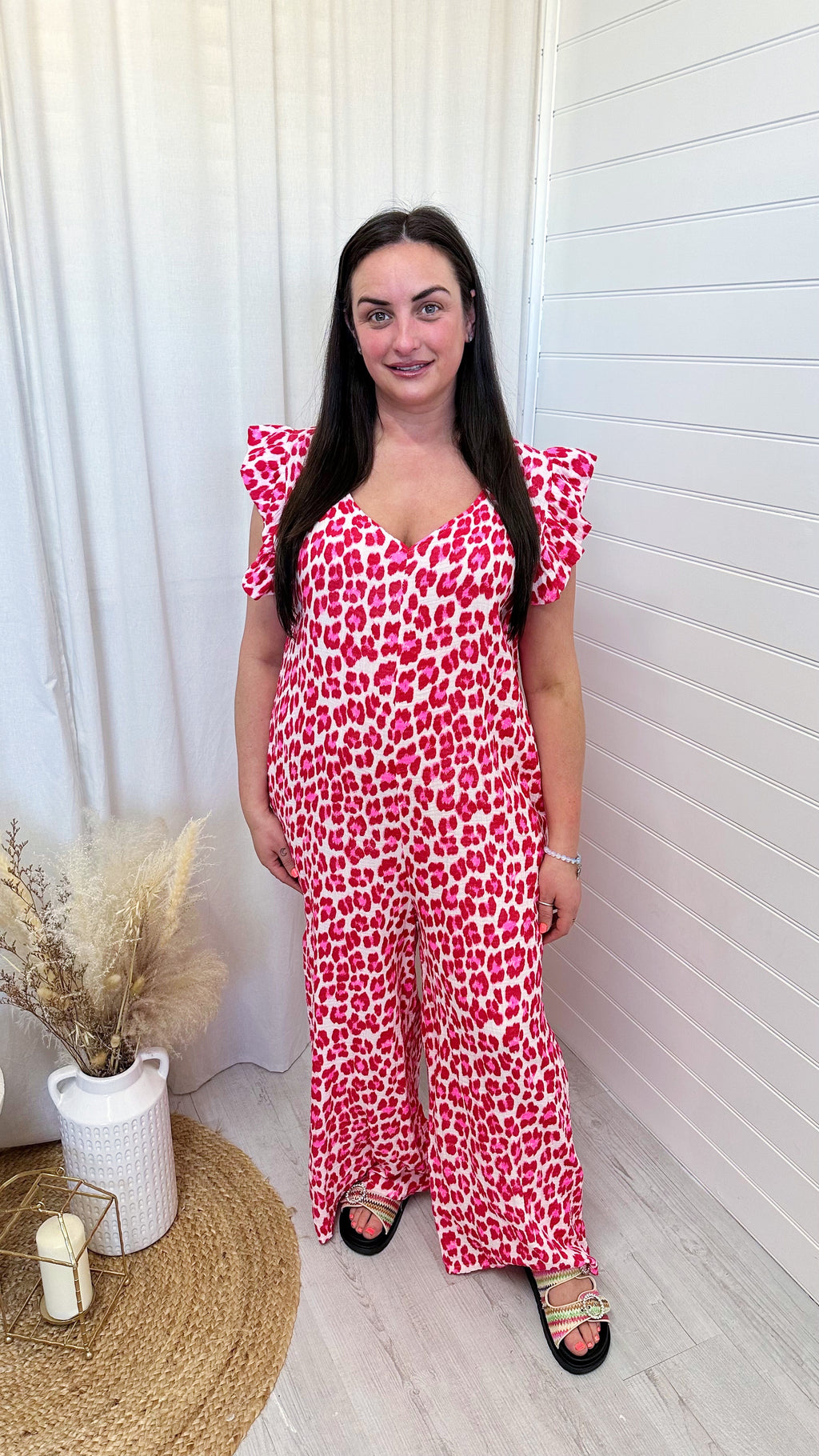 Cheesecloth Leopard Print Wide Leg Jumpsuit - RED
