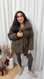 Belted Chunky Puffer Coat - BROWN