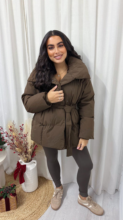 Belted Chunky Puffer Coat - BROWN