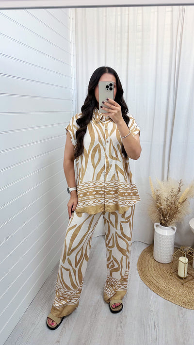 Leaf Print Shirt and Trousers Co-Ord - TAN