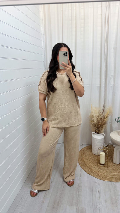 Cheesecloth Gold Button T-Shirt and Trousers Co-Ord - BEIGE