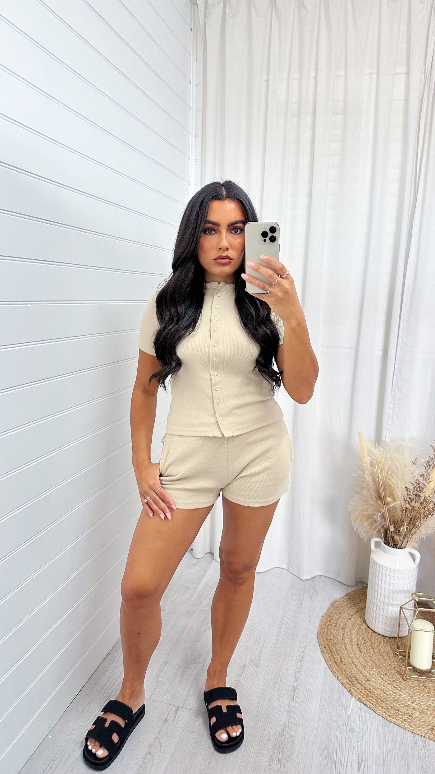 Ribbed Button Crop Top and Shorts Co-Ord - BEIGE