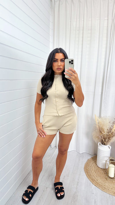 Ribbed Button Crop Top and Shorts Co-Ord - BEIGE