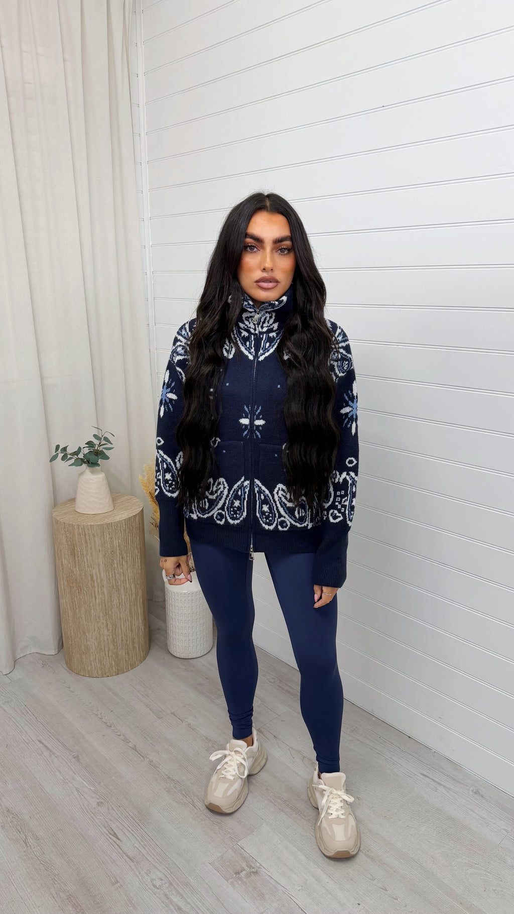 High Neck Paisley Knitted Jacket - NAVY