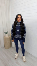 High Neck Paisley Knitted Jacket - NAVY