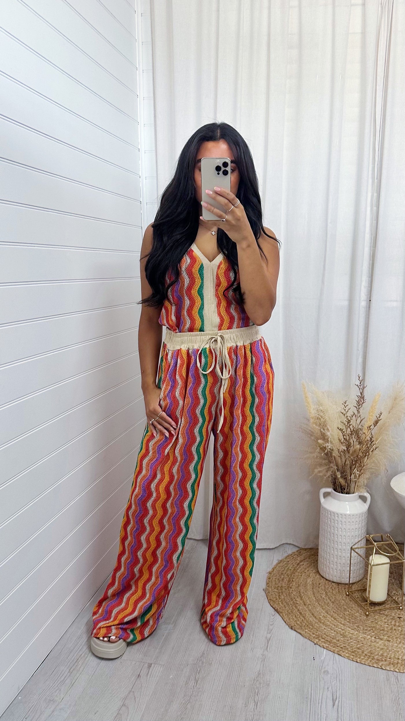 Zig Zag Strappy Vest Top and Wide Leg Trousers Co-Ord - ORANGE/LILAC