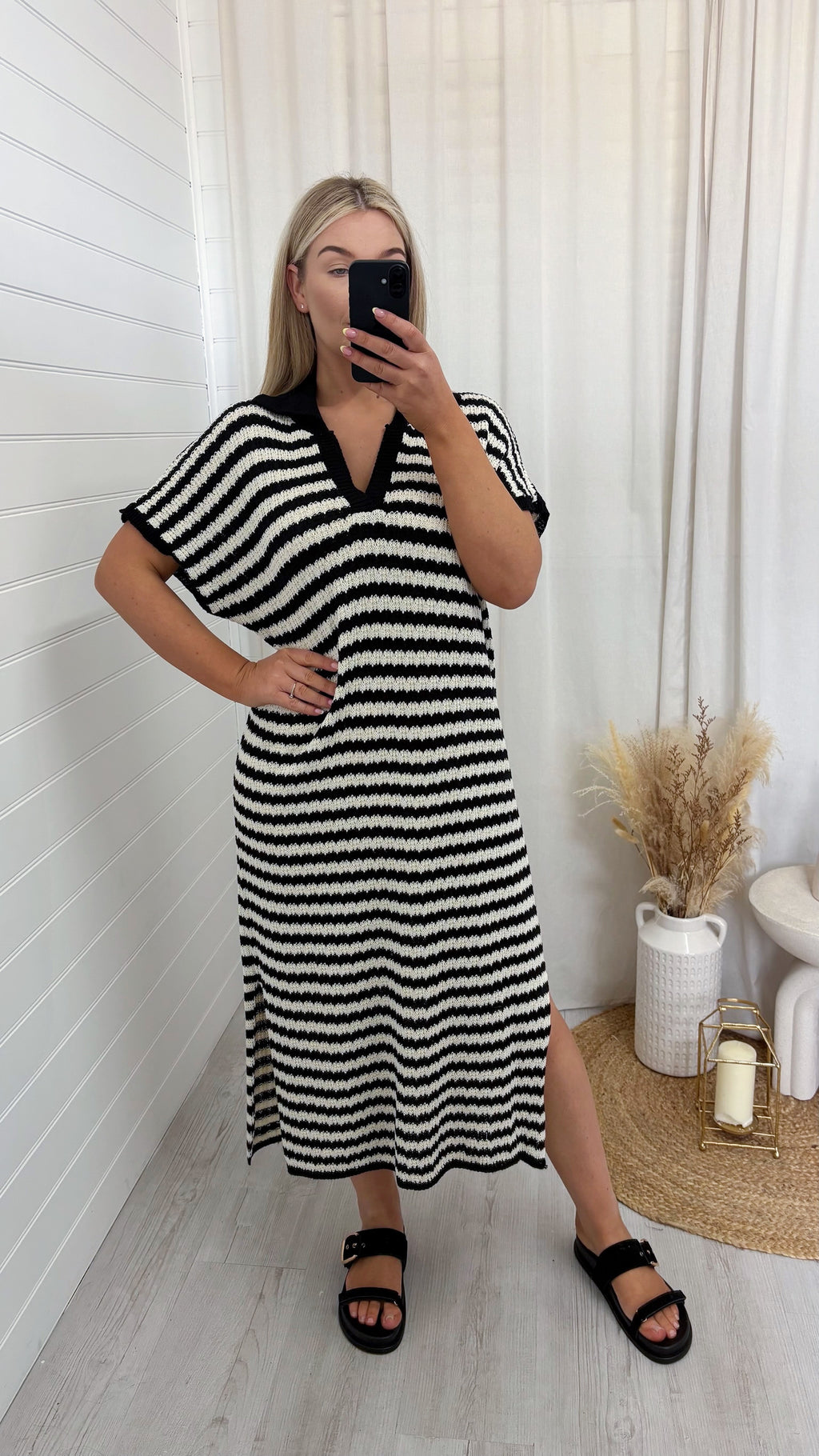 Crochet V Neck Midi Dress - BLACK/WHITE