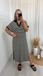 Crochet V Neck Midi Dress - BLACK/WHITE