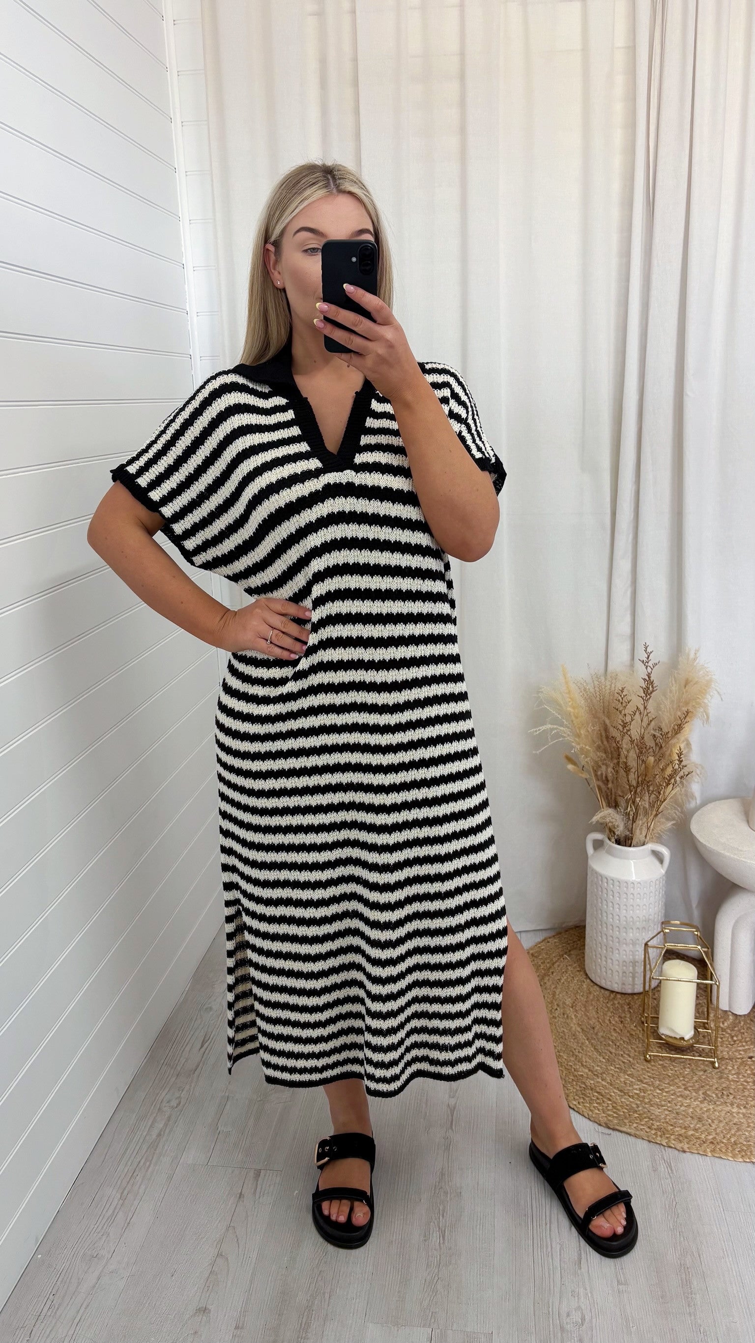 Crochet V Neck Midi Dress - BLACK/WHITE