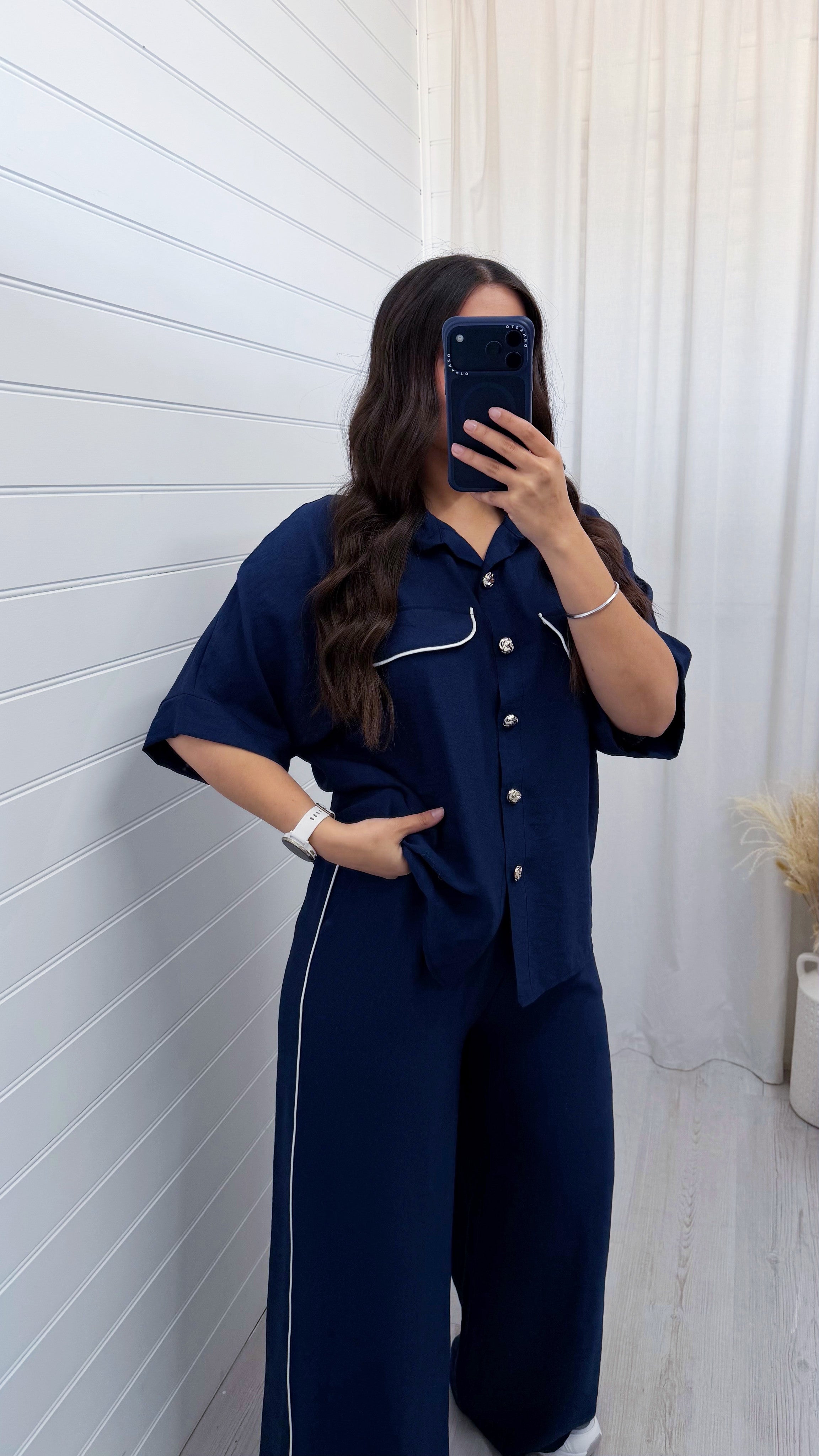White Piped Shirt and Trousers Co-Ord - NAVY