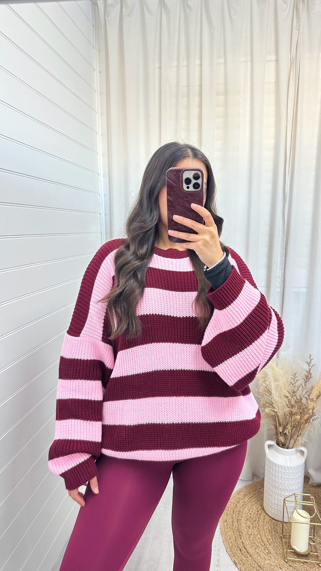 Chunky Knit Stripey Jumper - PINK/BURGUNDY