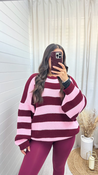 Chunky Knit Stripey Jumper - PINK/BURGUNDY