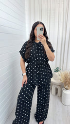 Polka Dot Cinched Shirt and Trousers Co-Ord - BLACK