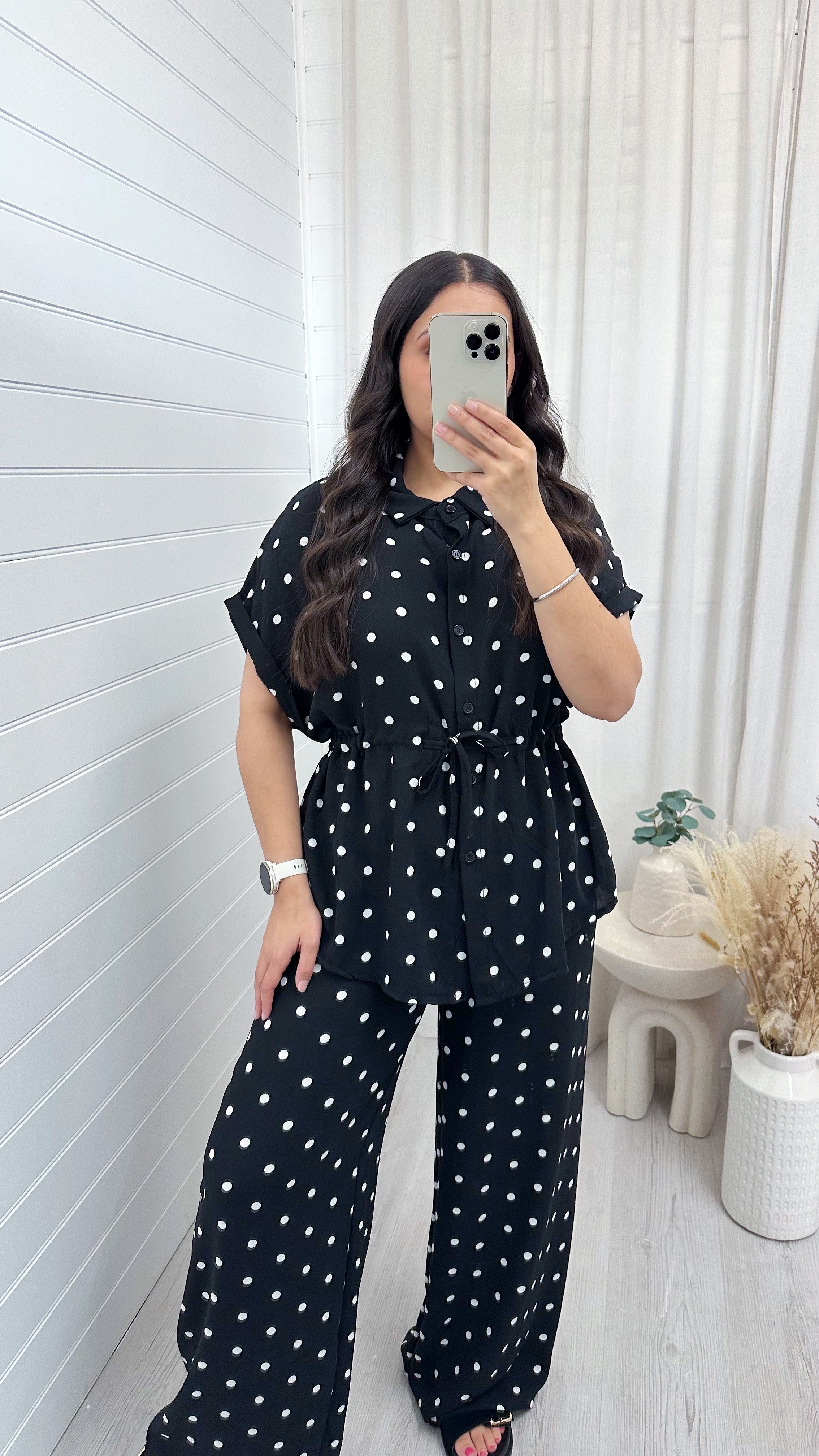 Polka Dot Cinched Shirt and Trousers Co-Ord - BLACK