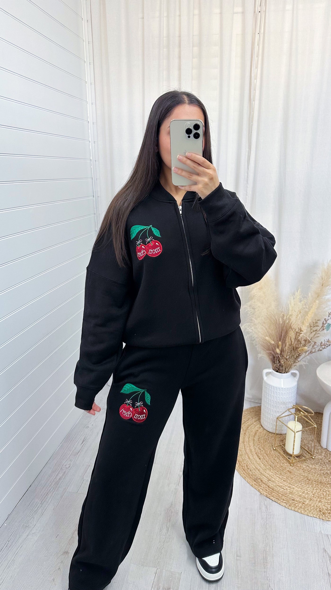 Mini Cherry Embroidered Bomber Jacket and Joggers Tracksuit - BLACK