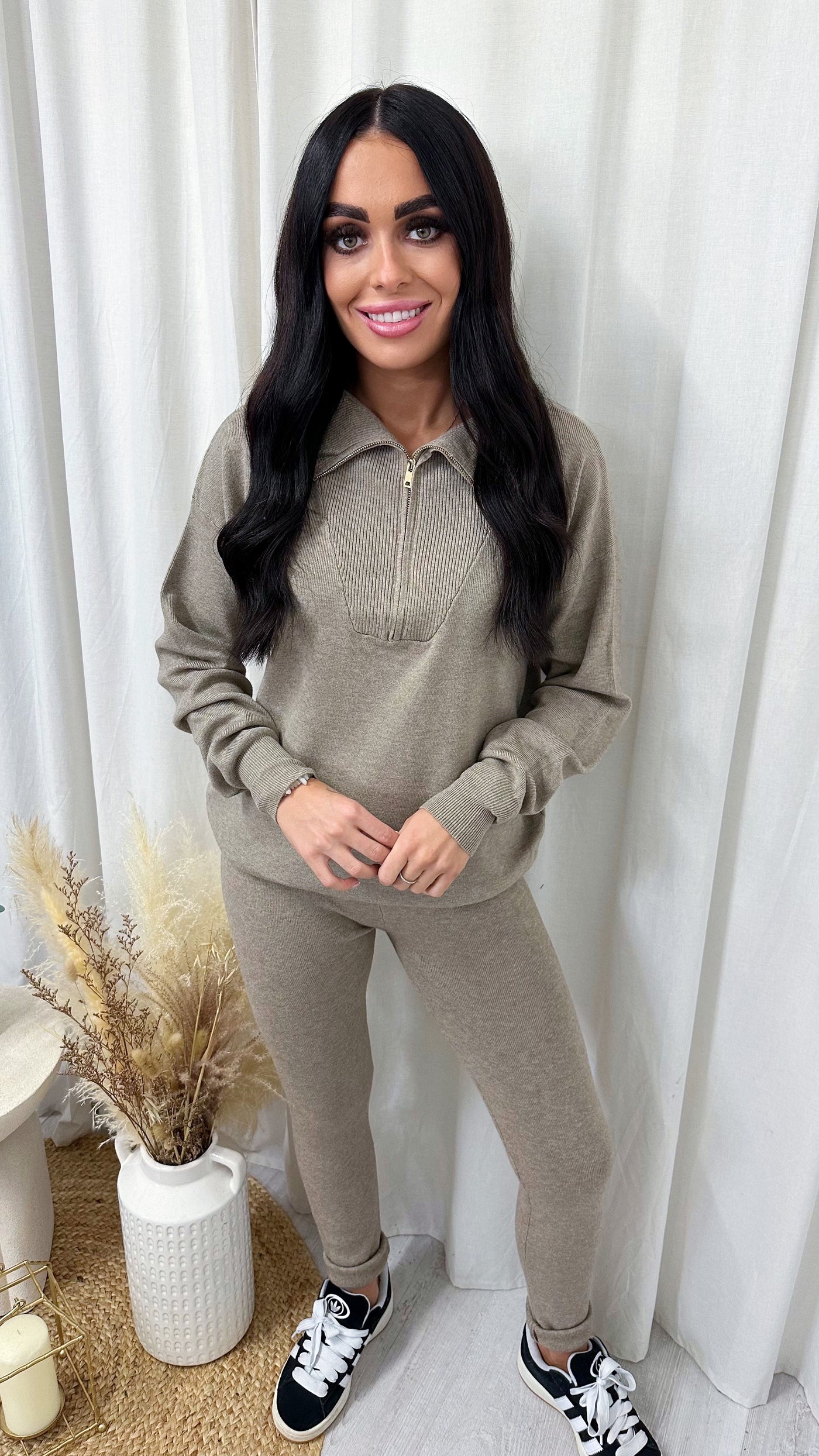 Soft Knit Half Zip Jumper and Leggings Co-Ord - TAUPE