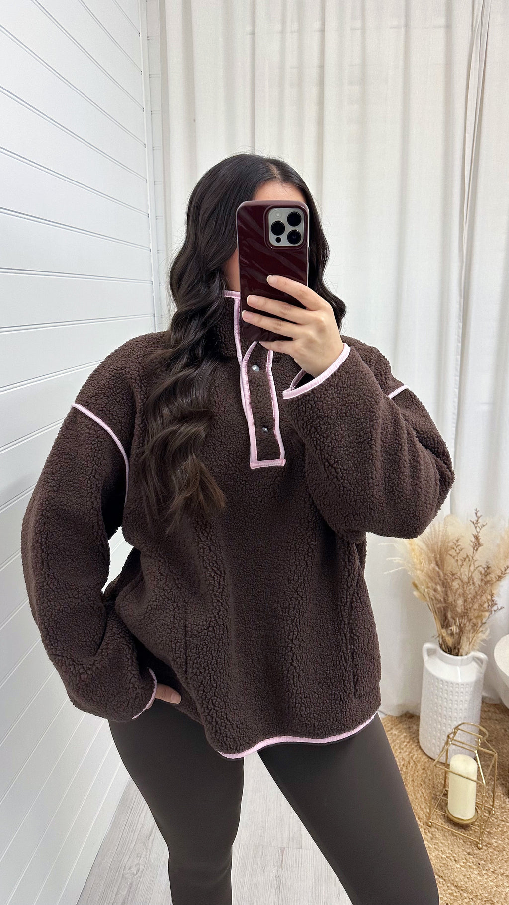Borg Contrast Seam Sweatshirt - BROWN/PINK