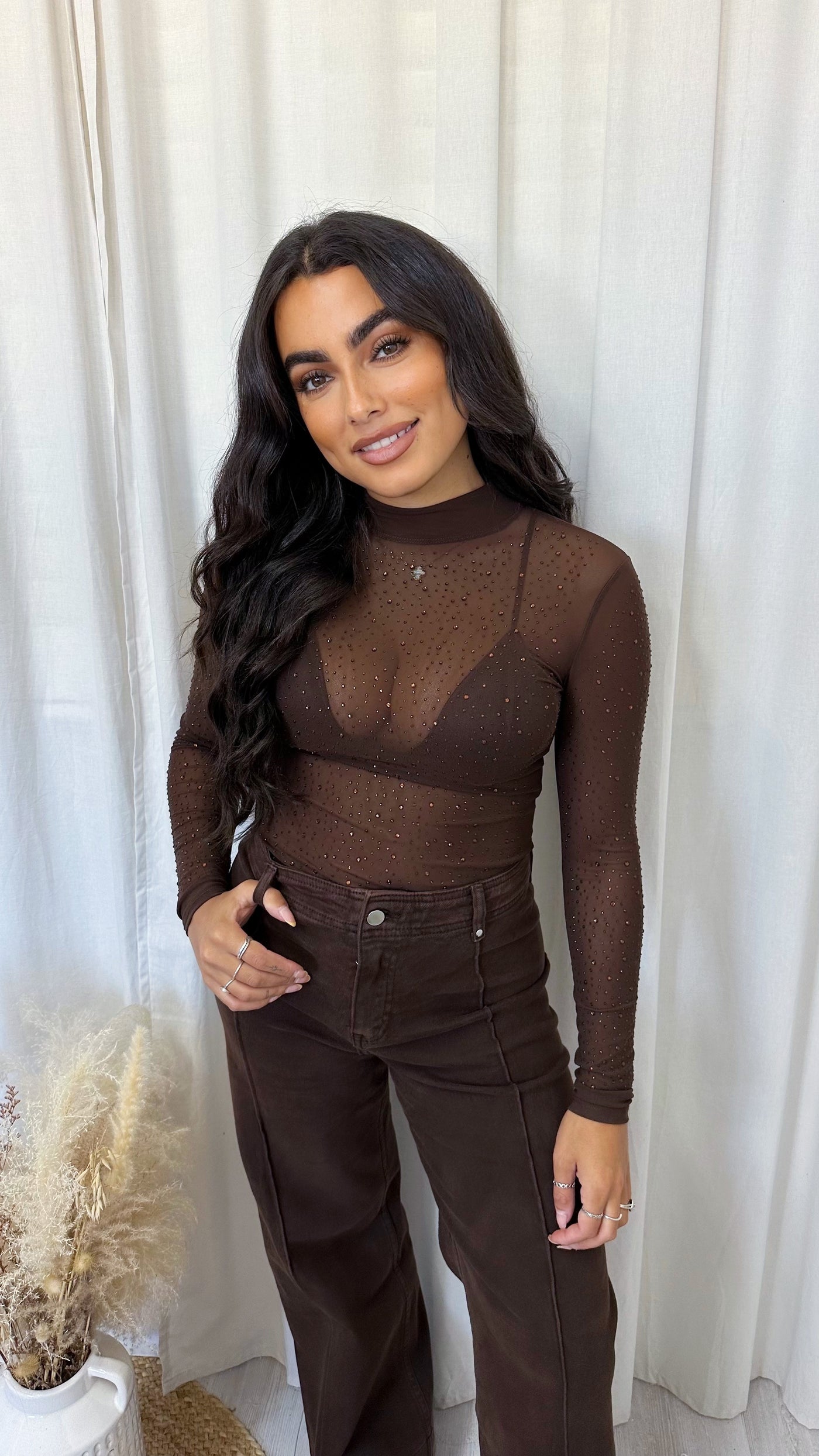 Rhinestone Mesh Long Sleeve Bodysuit - BROWN