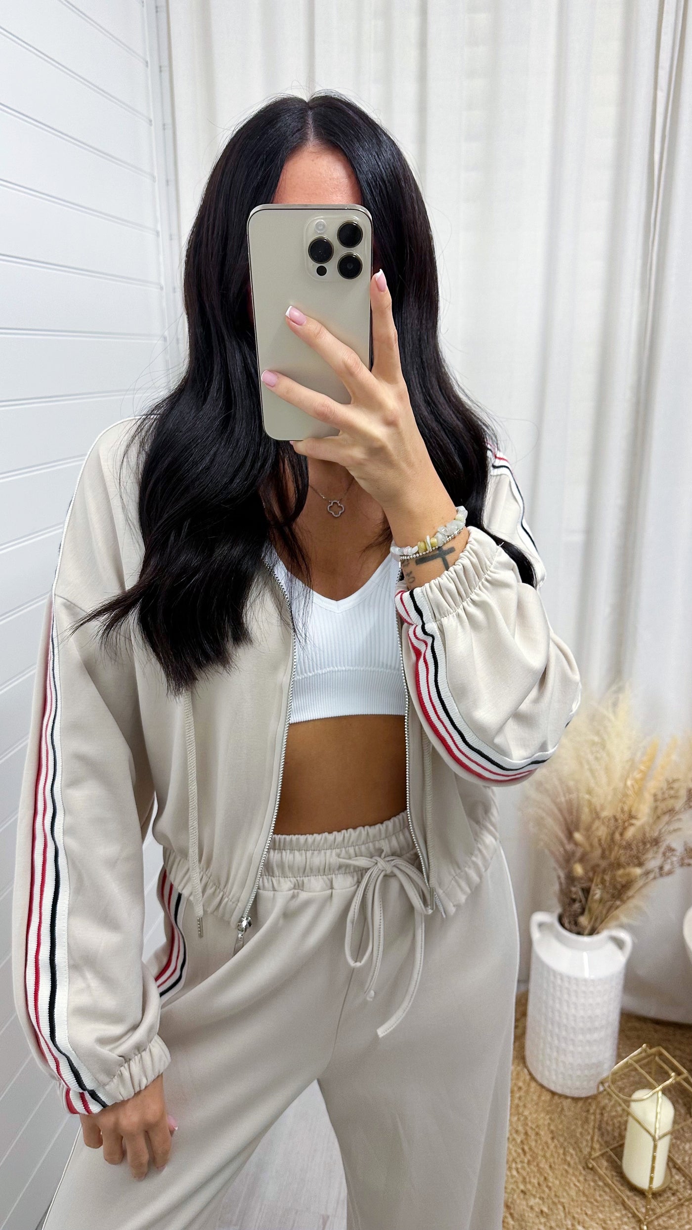 Retro Side Stripe Bomber Jacket and Joggers Tracksuit - BEIGE