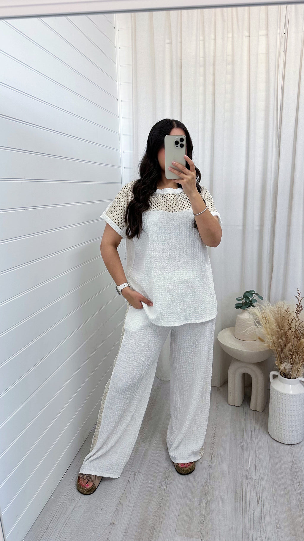 Metallic Mesh T-Shirt and Trouser Co-Ord - WHITE