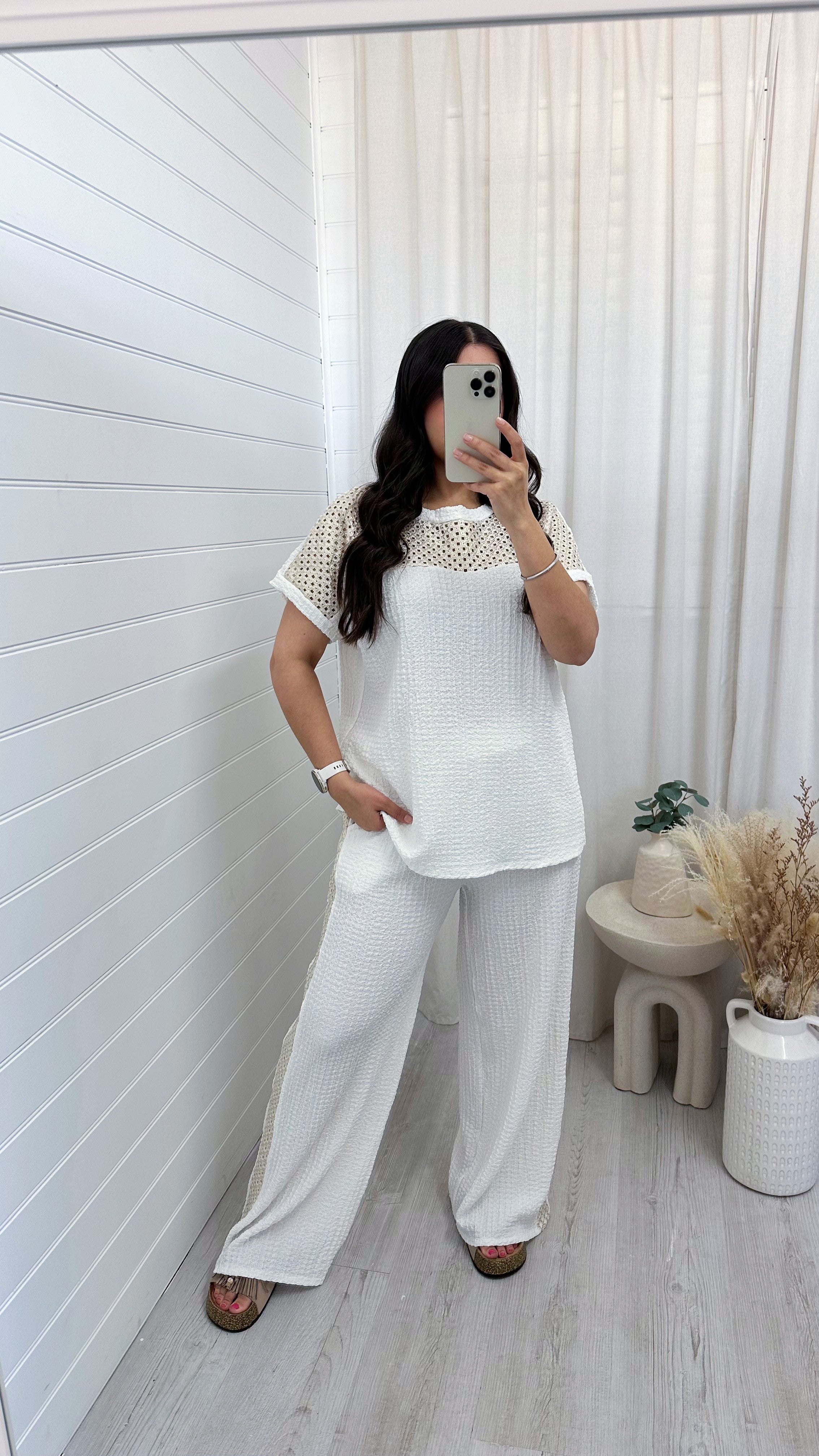 Metallic Mesh T-Shirt and Trouser Co-Ord - WHITE