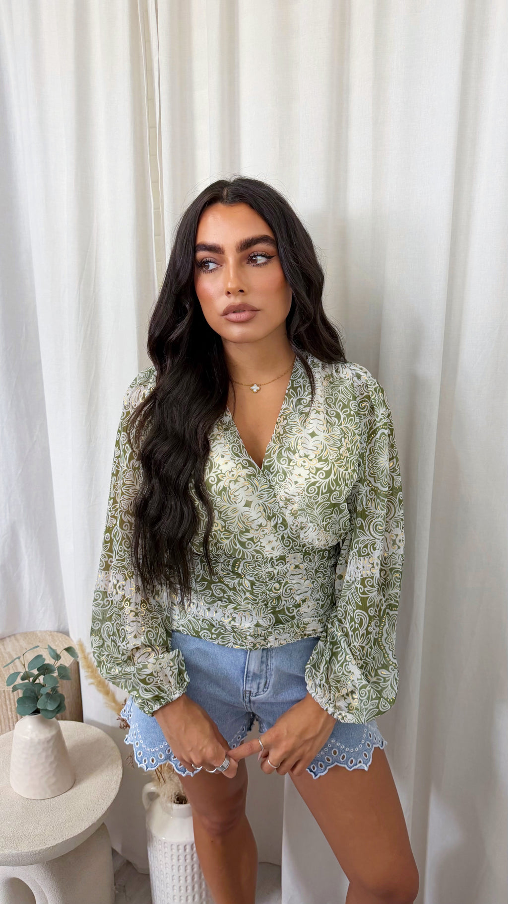 Paisley Swirl Wrap Over Crop Blouse - SAGE