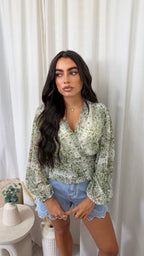 Paisley Swirl Wrap Over Crop Blouse - SAGE