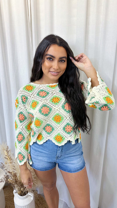 Scalloped Crochet Crop Top - GREEN/ORANGE