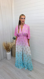 Leaf Print Ombre Bell Bottom Jumpsuit - BLUE/PINK