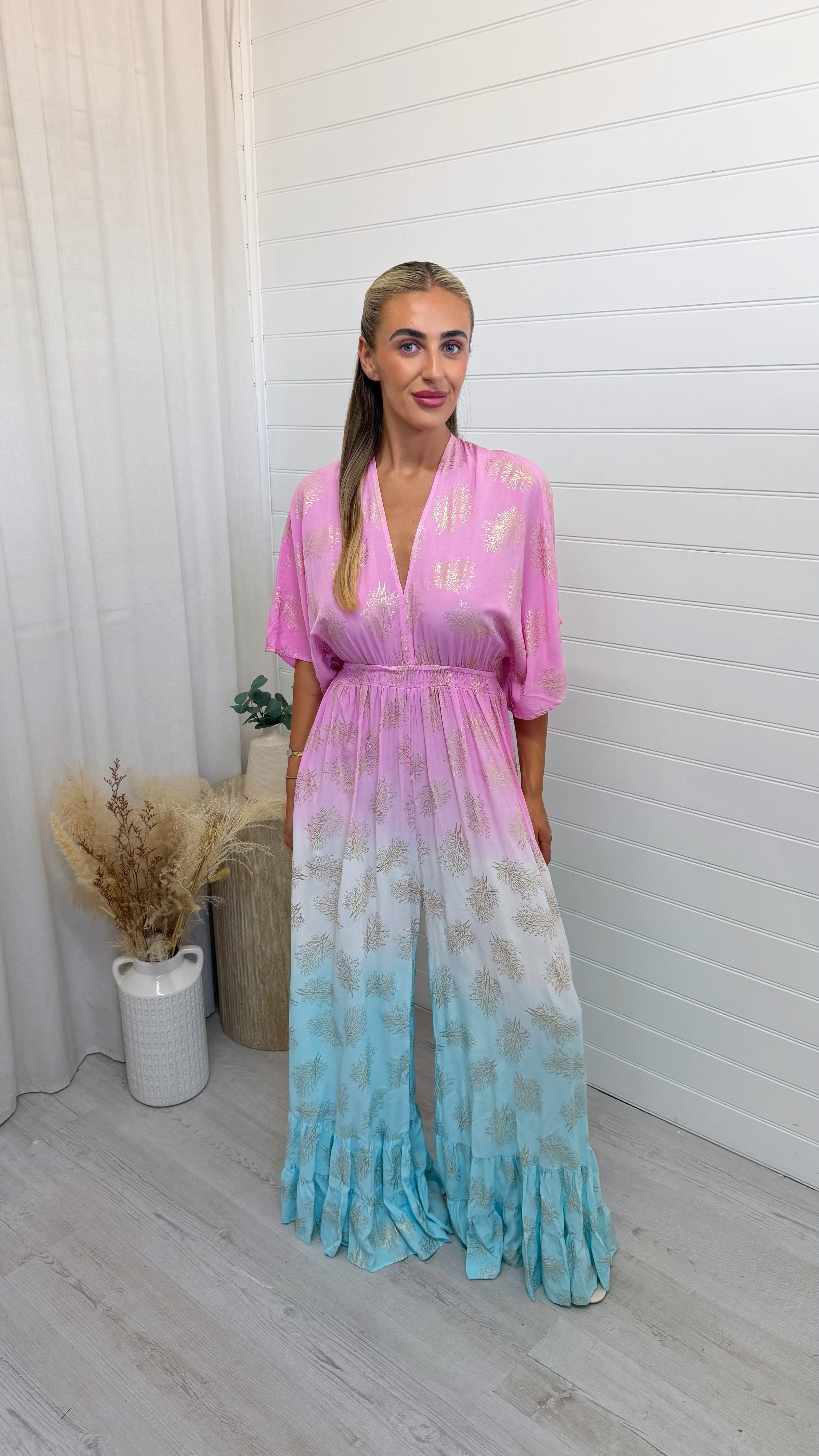 Leaf Print Ombre Bell Bottom Jumpsuit - BLUE/PINK