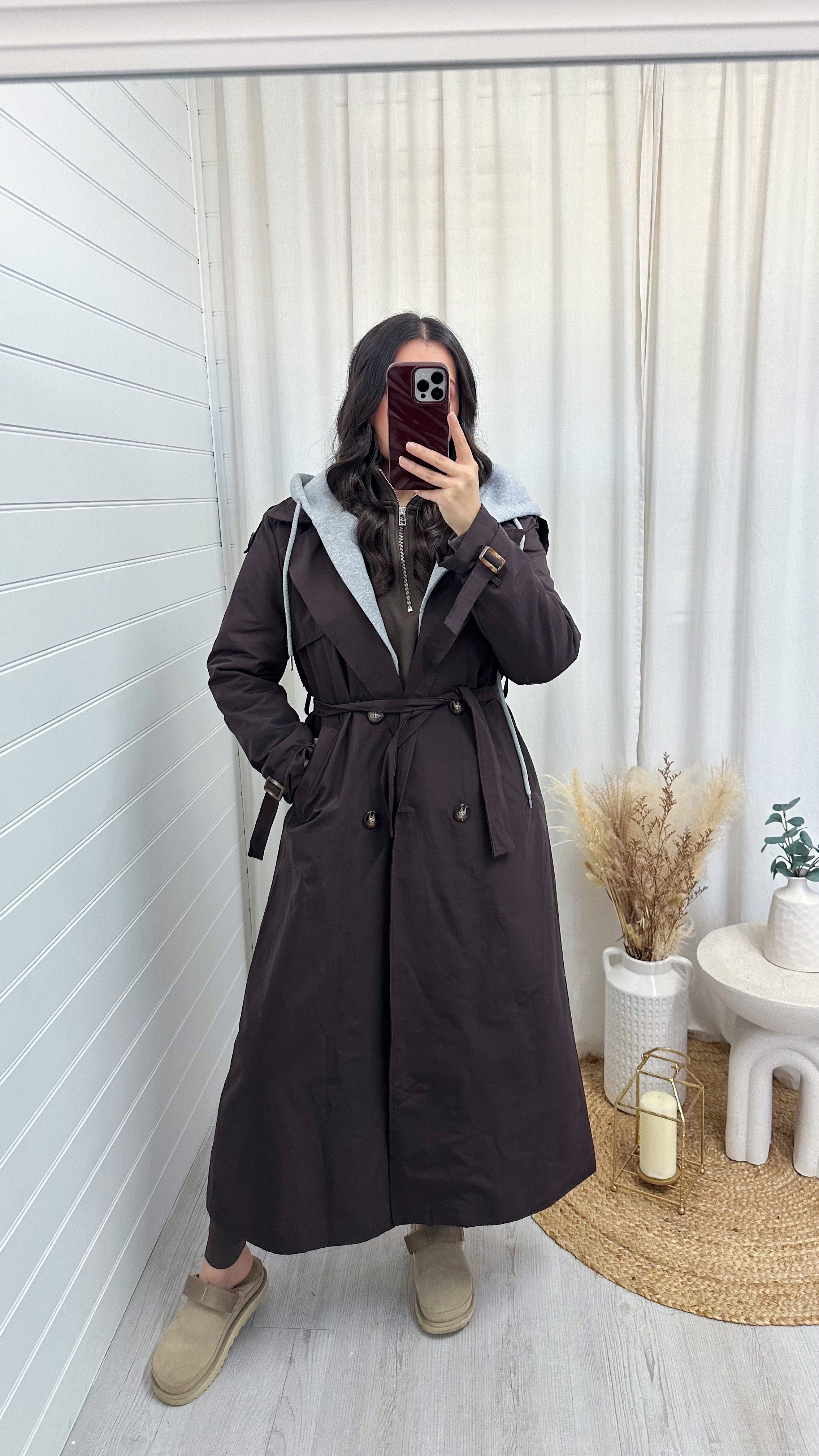 Long Length Insert Hooded Rain Mac - BROWN