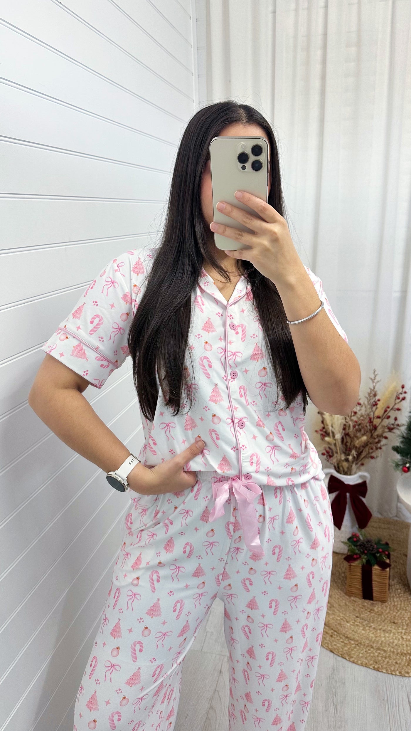 Christmas Pattern Pyjama Set - WHITE/PINK