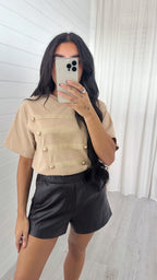 Button Front T-Shirt - BEIGE