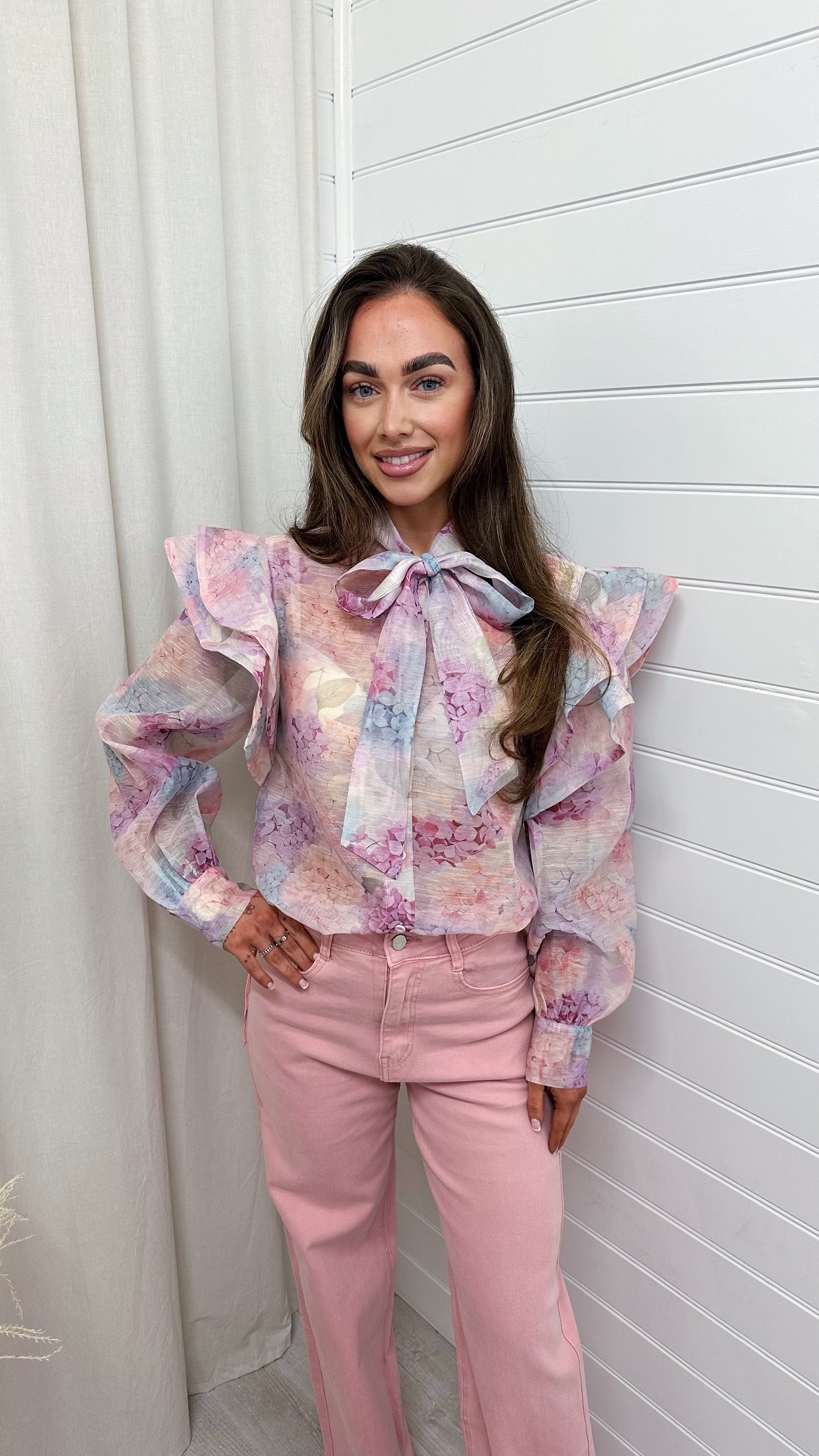 Frill Shoulder Sheer Floral Shirt - PINK/LILAC