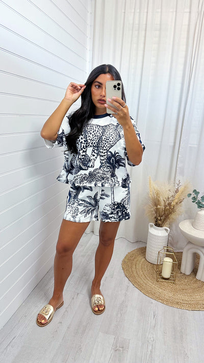 Jungle Cheetah Print Crop Top and Shorts Co-Ord - NAVY