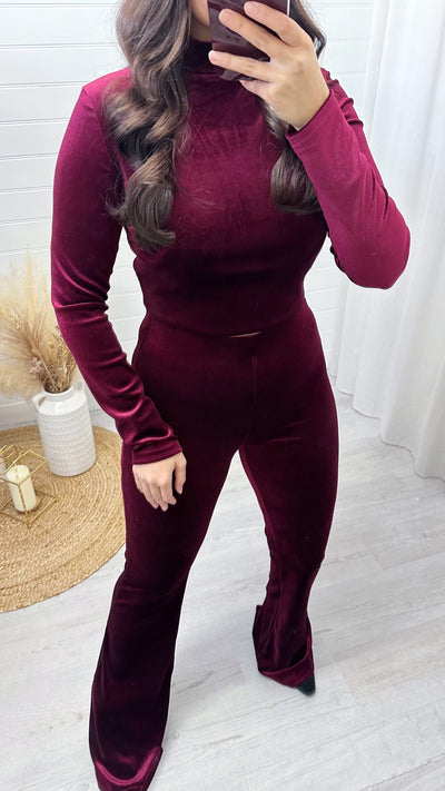 High Waisted Slim Fit Velvet Trousers - WINE