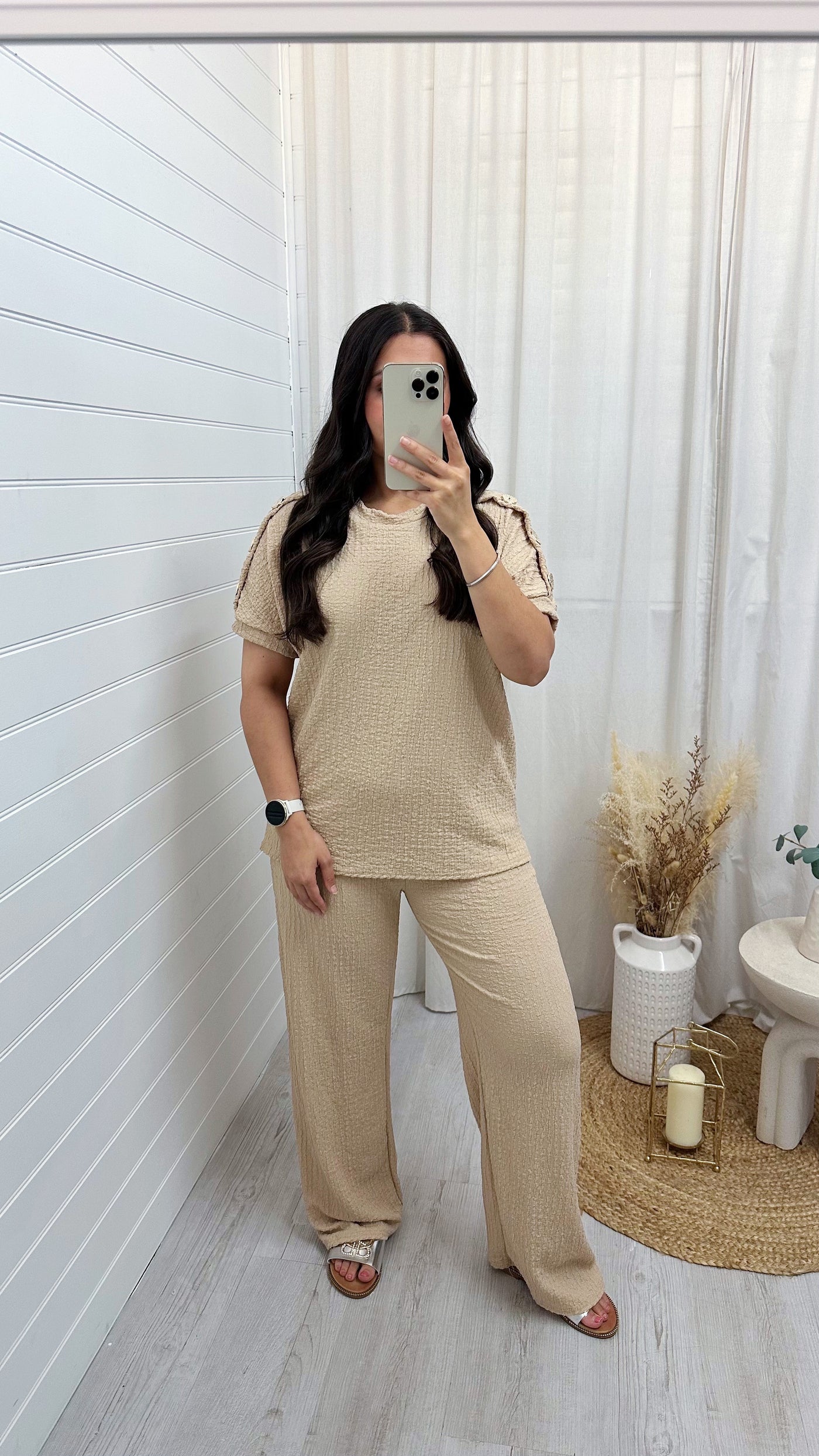 Cheesecloth Gold Button T-Shirt and Trousers Co-Ord - BEIGE
