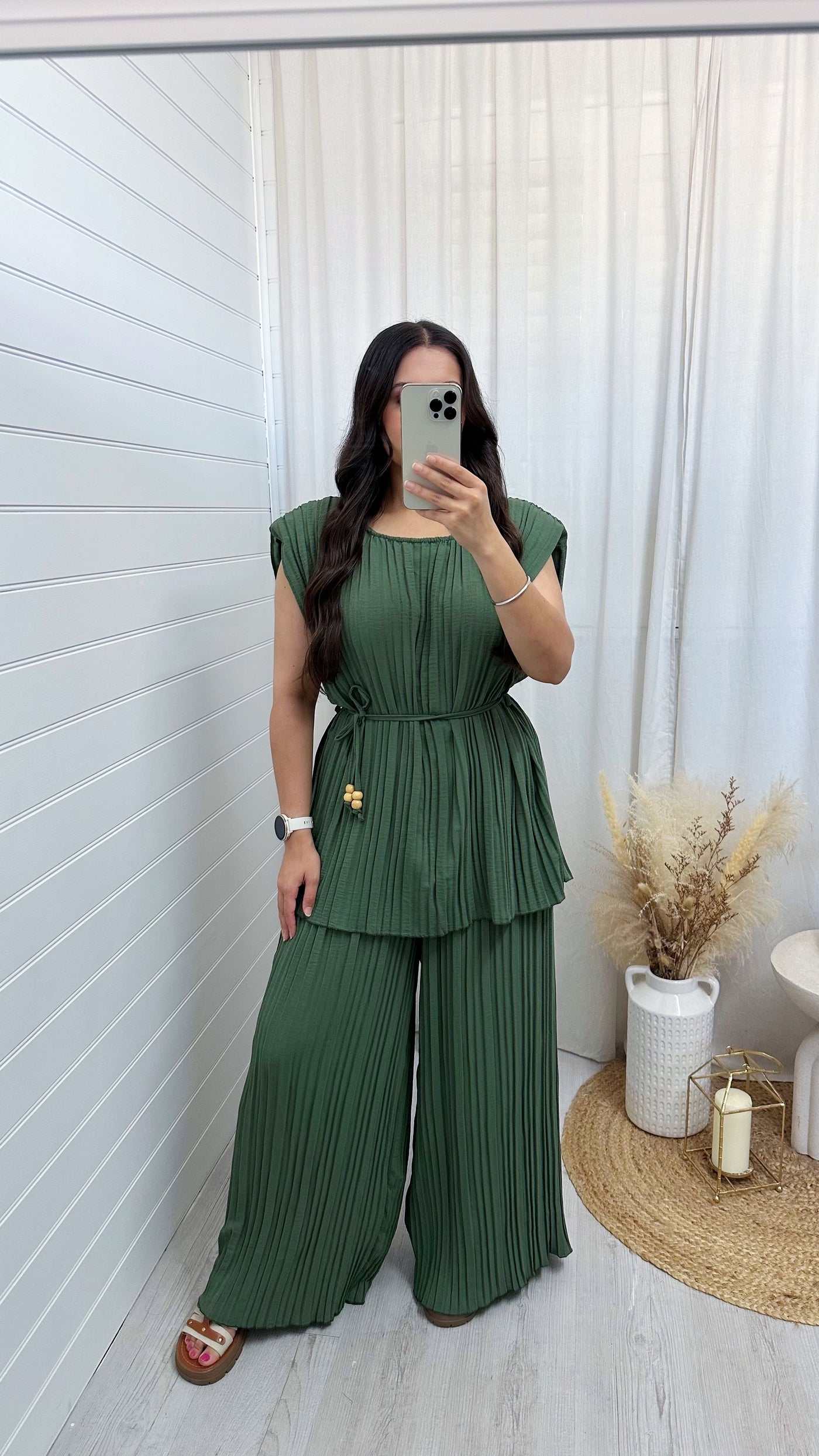 Pleated Tunic and Wide Leg Trousers Co-Ord - KHAKI