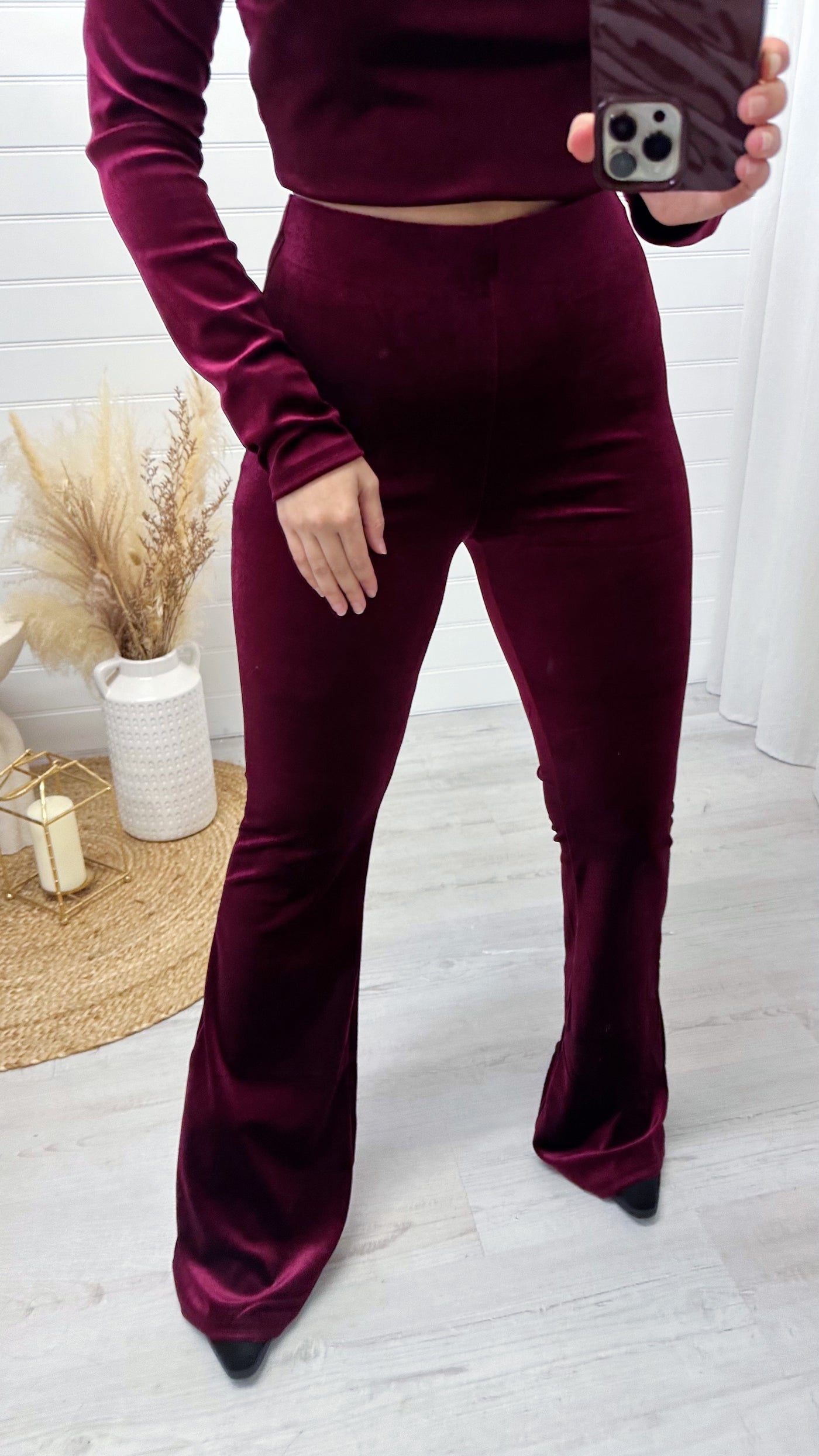 High Waisted Slim Fit Velvet Trousers - WINE