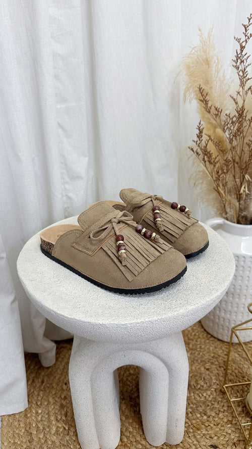 Beaded Tassel Suede Mules - DARK BEIGE