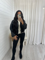 Faux Leather Bomber Jacket - BLACK