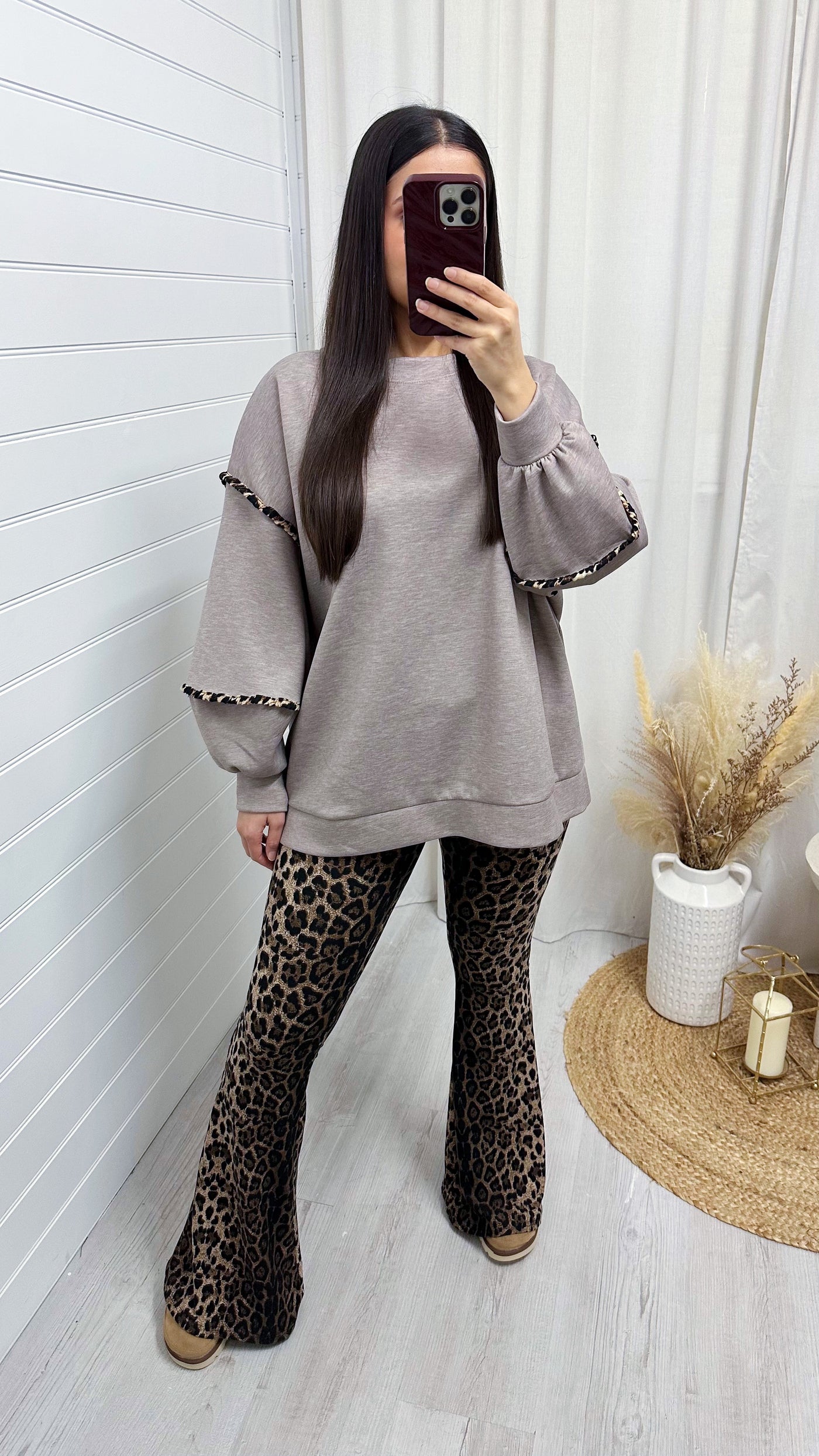 Leopard Trim Balloon Sleeve Sweatshirt - MOCHA MARL