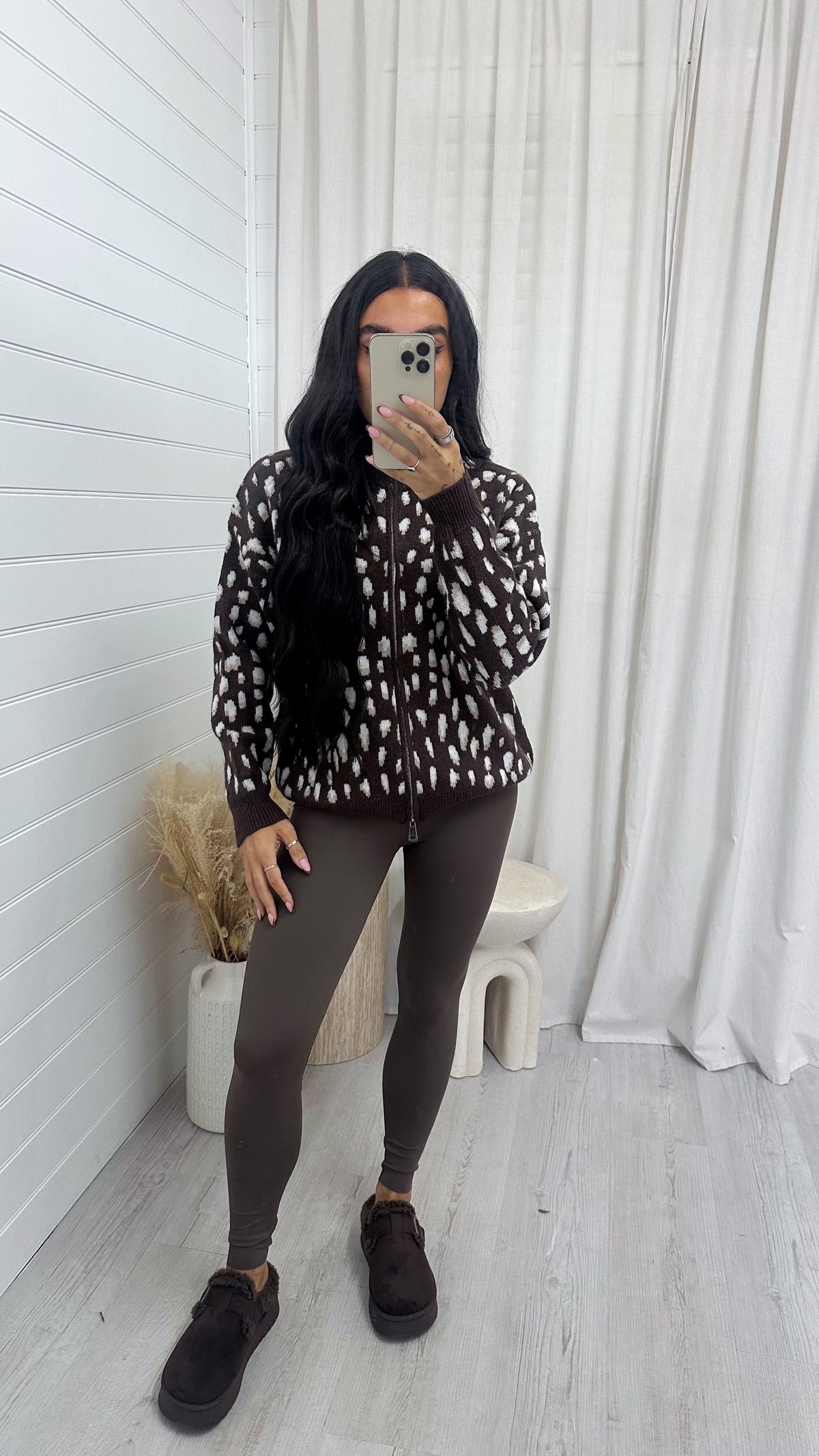 Deer Print Knitted Jacket - BROWN