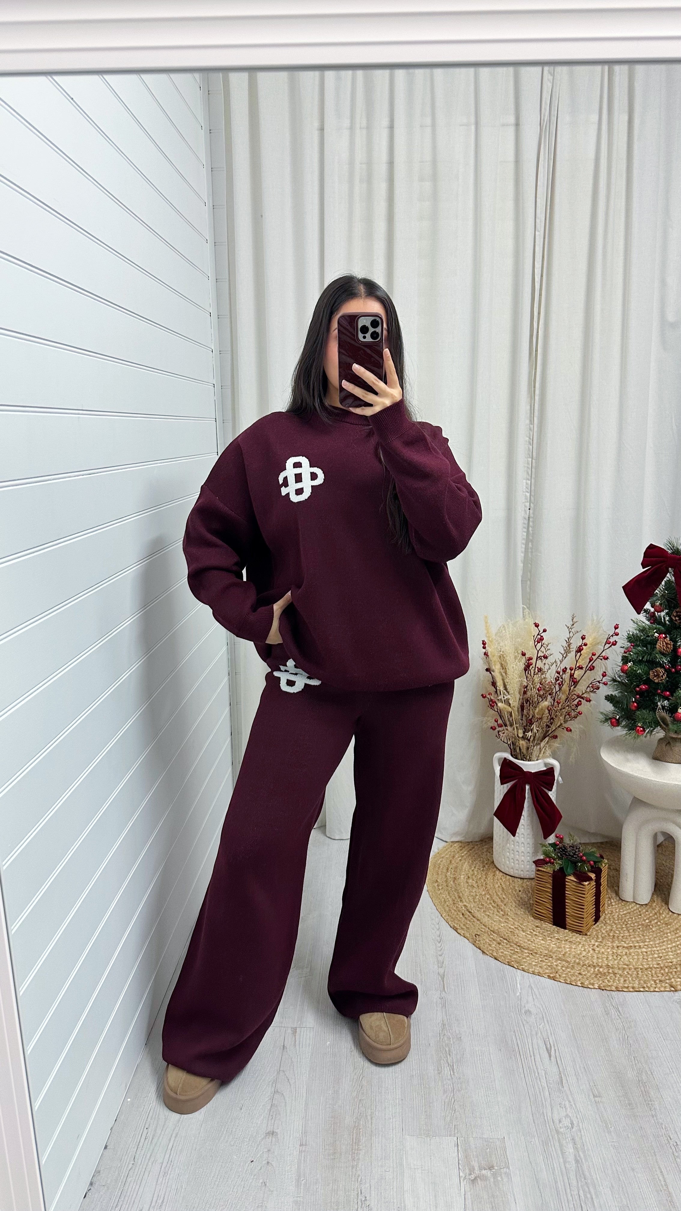 Knitted Logo Sweatshirt and Wide Leg Trousers Co-Ord - BURGUNDY