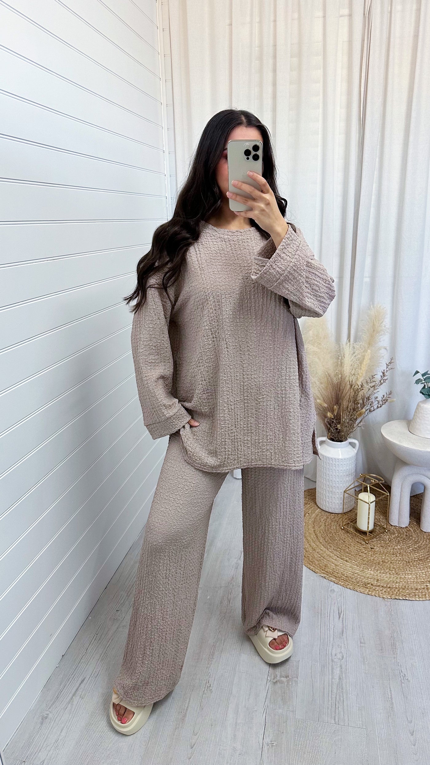 Loose Fit Cheesecloth Long Sleeve Top and Trousers Co-Ord - BEIGE