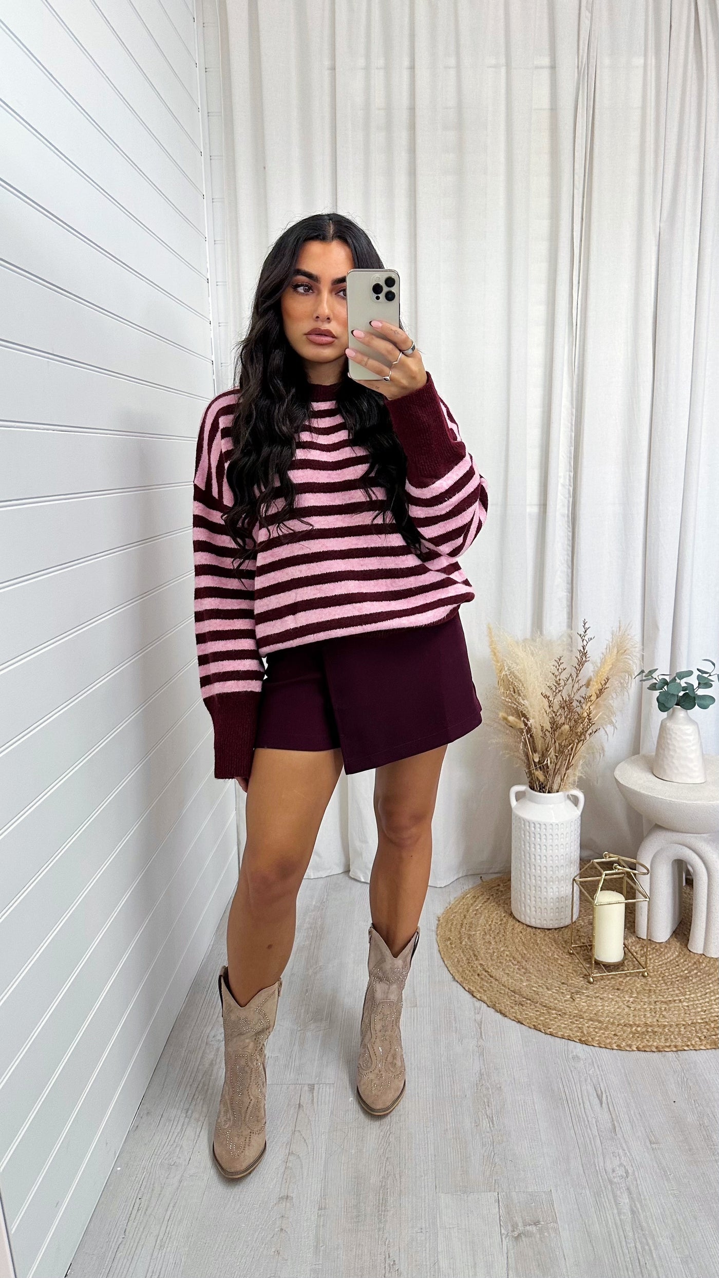 Soft Woollen Stripey Jumper - PINK/BURGUNDY